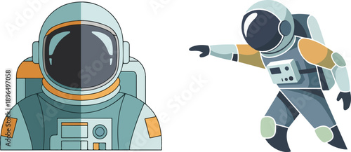 Astronaut vector illustration set, space suit character and bust with helmet, blue and orange colors, isolated on white