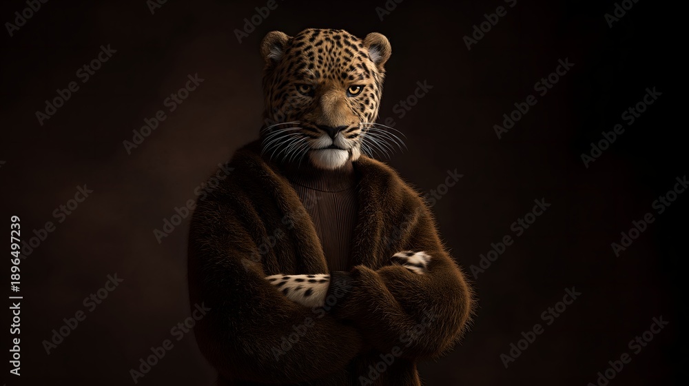Obraz premium Tiger wearing brown sweater standing against a dark background