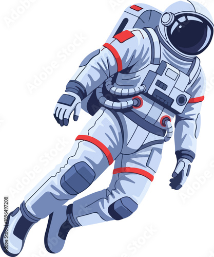 Astronaut in white and red spacesuit floating in space, vector illustration isolated on white