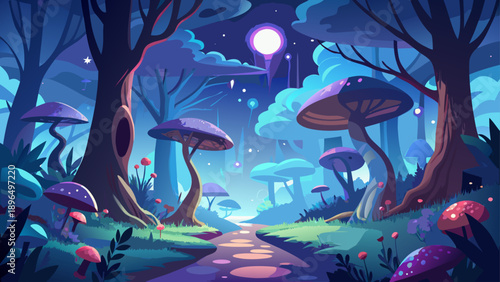 Very beautiful mystical forest clearing at night with glowing mushrooms, ancient trees, and shimmering moonlight, evoking a magical realm filled with silence, wonder, and hidden stories.