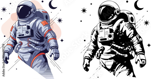 Astronaut in space suit vector illustration with stars and crescent moon, color and black and white versions, isolated on white