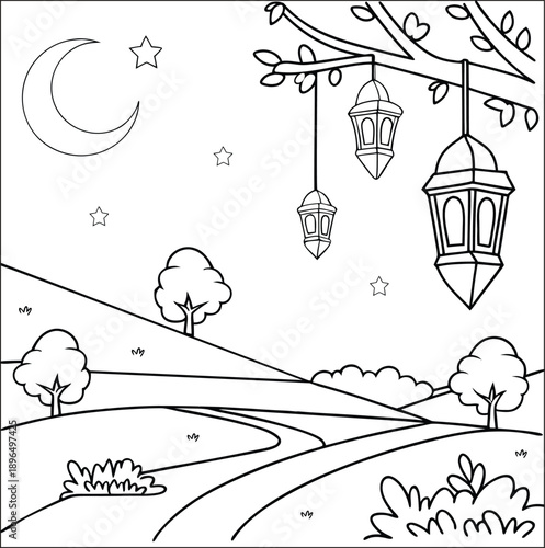 Landscape with stars crescent,  field, trees with hanging lanterns. hand-drawn  Vector illustration in doodle style coloring page