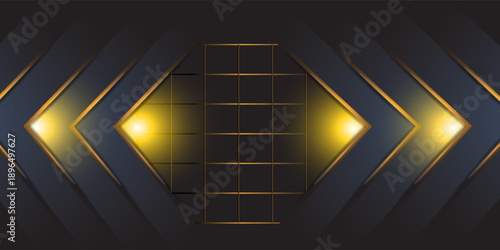Vector luxury tech background. Stack of black carbon fiber material texture layer with gold stripe. Blured bottom layers. Arrow shape premium industrial wallpaper