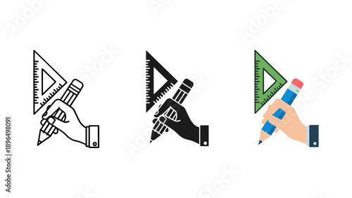 Hand drawn protractor ruler compass set black white vector illustration