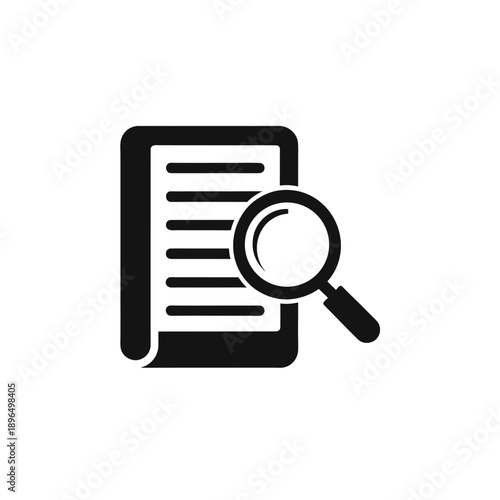 A black and white vector graphic of a document with a magnifying glass
