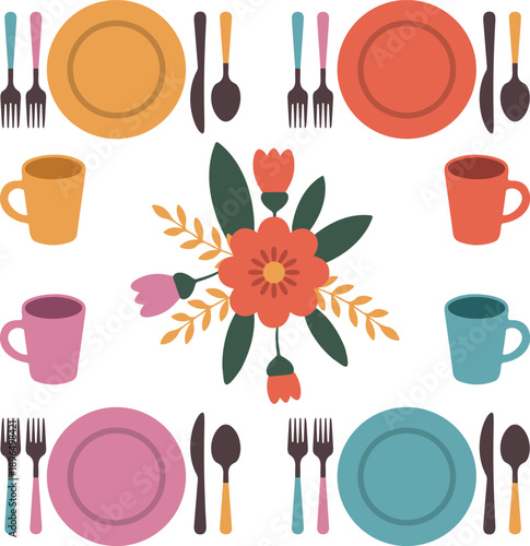Top view of colorful table setting with plates mugs forks spoons and decorative floral bouquet on transparent background for event decoration