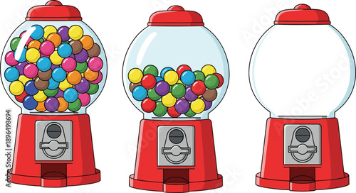 Gumball vending machine icon set showing full, half, and empty candy dispensers isolated on white background for arcade, candy shop, and retail design