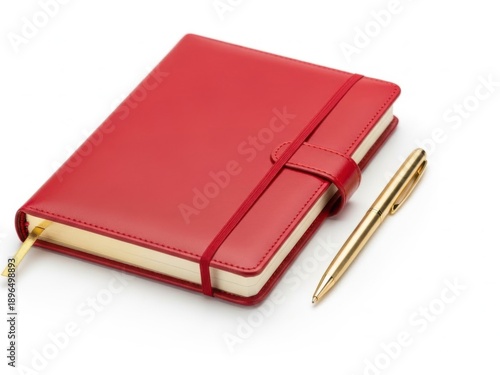 Red leather notebook with gold pen