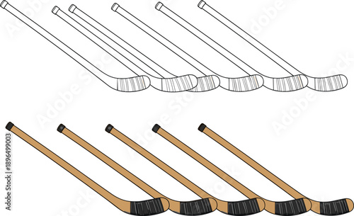 Ice hockey stick icon set in outline and color styles isolated on white background for sports equipment, winter game, and athletic design use