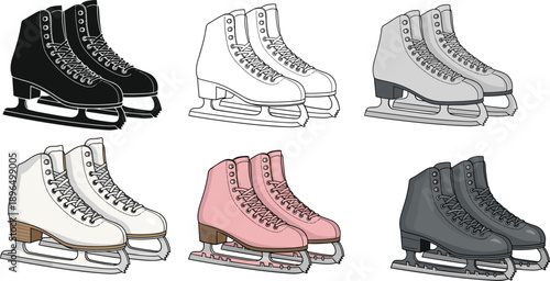Ice skating boots icon set in black, white, gray, and pastel flat vector styles featuring figure skates for winter sports, fashion, UI, and print design
