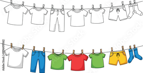 Laundry clothes on clothesline illustration set in outline and colorful flat vector styles showing drying garments for household, lifestyle, UI, and print design