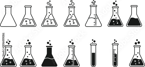 Laboratory glassware icon set with flasks and test tubes in outline and solid styles isolated on white background for science, chemistry design