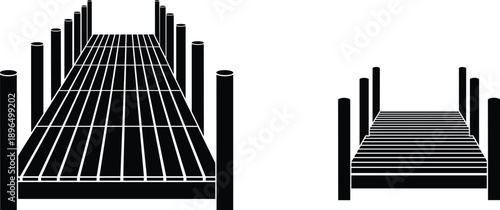 Minimal black wooden pier dock icons in perspective view isolated on white background for marine, travel, waterfront design concepts