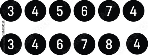 Number circle icon set in black and white flat style featuring numeric symbols for rating systems, infographics, dashboards, UI, and print design