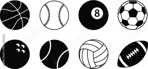 Sports ball icon set in black and white flat silhouette style featuring basketball, baseball, billiard, soccer, tennis, volleyball, bowling, and American football symbols