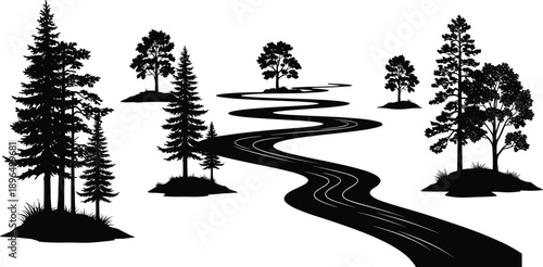 Winding road through forest landscape silhouette with pine trees isolated on white background for nature, travel, adventure, and scenic design concepts