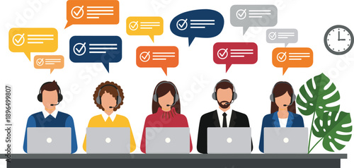 Customer support team illustration with call center agents laptops headsets and chat bubbles for helpdesk service communication business concept