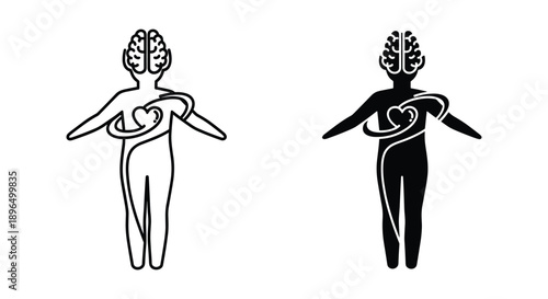 Human Figures with Brain and Heart Connection in Black and White Illustration