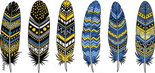 Decorative tribal feather illustration set with colorful boho ethnic patterns for native art craft textile print and spiritual design concept