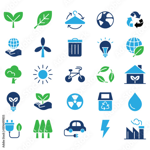 Clean flat-style ecology icons vector collection for environmental protection, waste management, and educational design use