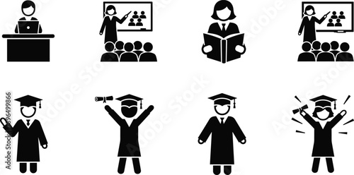 Education and graduation icons set with teacher student classroom reading and diploma for learning academic success school training illustration design