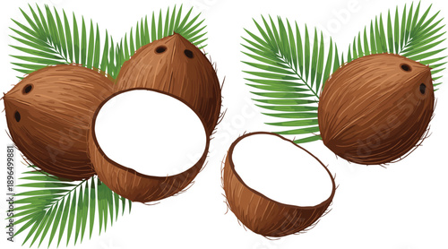 Fresh coconut illustration with whole and cut fruits and green palm leaves for tropical food beverage natural organic design concept