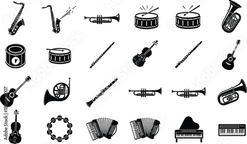 Music instrument icons set with saxophone trumpet drums guitar violin accordion piano and tambourine for band orchestra illustration design