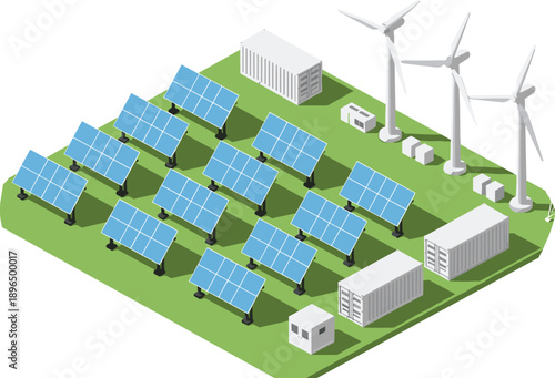 Isometric renewable energy illustration with solar panels wind turbines power station and green technology for sustainable electricity infrastructure design concept