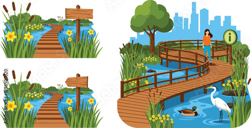 Nature park boardwalk illustration with wooden bridge river flowers ducks heron and city skyline for eco tourism outdoor recreation design