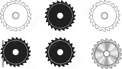Circular saw blade icon set in outline and solid styles isolated on white background for woodworking, construction, cutting tools, and industrial design use