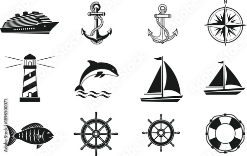 Nautical and maritime icons set with ship anchor compass lighthouse sailboat dolphin fish helm and lifebuoy for ocean travel design