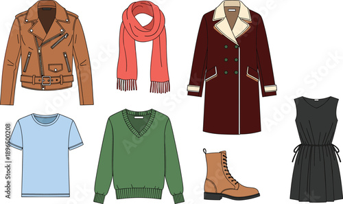 Women fashion clothing set with jacket scarf coat sweater dress boots and t shirt for wardrobe outfit apparel illustration design
