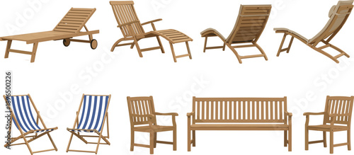 Wooden outdoor furniture illustration set with lounge chairs deck chairs benches and armchairs for garden patio terrace design concept