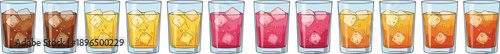 Colorful iced drink glasses icon set with various beverages isolated on white background for bar menu, summer refreshment, beverage design