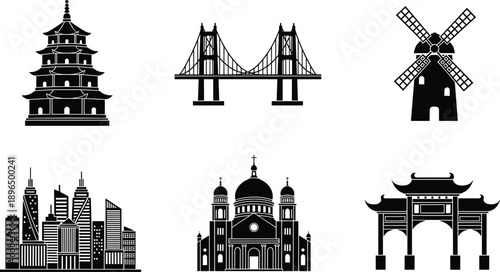 World landmark icons set with pagoda bridge windmill skyline cathedral and asian gate for travel tourism architecture illustration design