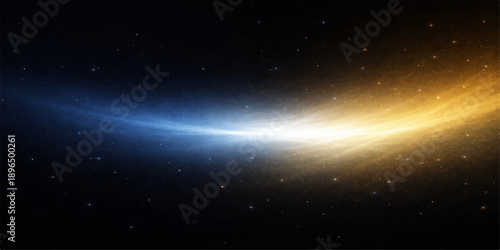 A bright blue planet glows against a dark outer space background filled with a shimmering galaxy nebula and distant stars across the deep cosmos of the night sky universe