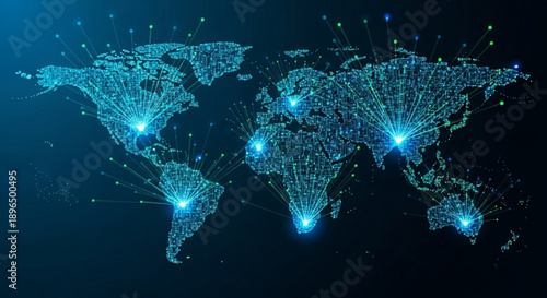 Global network connections map with bright nodes and lines on dark background