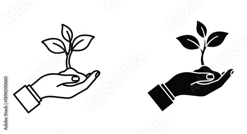 Business growth concept with hands nurturing plant seedlings in minimalist black and white illustration