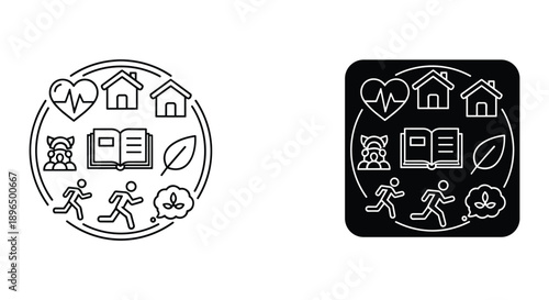 Healthy Lifestyle Icons: Fitness, Home, and Nature in Simple Design