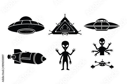Alien and spaceship icons for sci-fi themes
