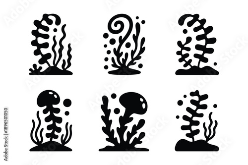 Underwater plant and seaweed silhouette icons