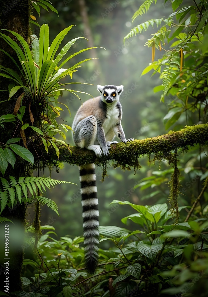 Obraz premium Ring-tailed Lemur in Lush Madagascar Rainforest - A Wildlife Portrait.