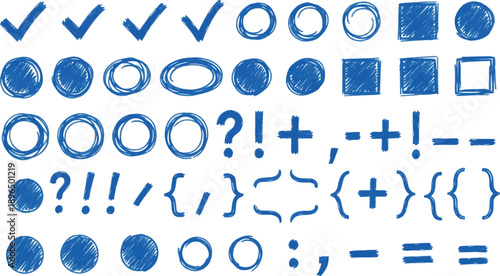 Blue Hand Drawn Scribble Shapes and Symbols Keywords: check mark, circle, oval, square, question