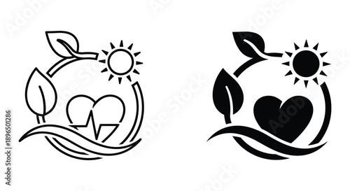 Hand drawn couple love heart with sun and nature elements vector illustration for romance and relationship concept