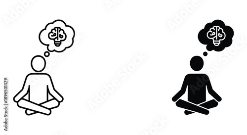 Two People Meditating with Brain and Light Bulb Thoughts in Minimalist Style