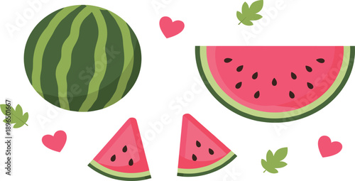 Cute Watermelon Slice and Whole Fruit Set with Leaves and Hearts Isolated on White Background Flat Cartoon Vector