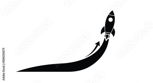 Black silhouette of a rocket ship launching upwards with motion trail