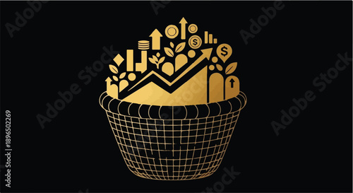 Golden basket filled with growing business and finance icons