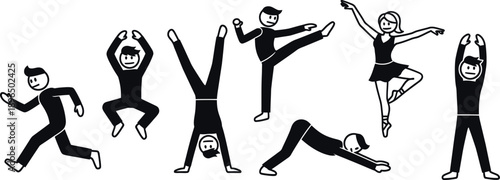 A group of people in various dance poses and movements in silhouette