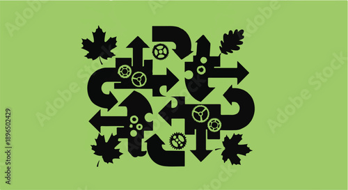Intricate black and green symbolic design with arrows and leaves